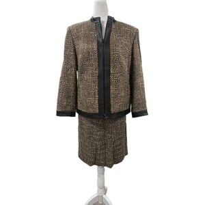 Kate Hill 2 Piece Skirt Suit Wool Blend Leather Trim Womens Size 10/12